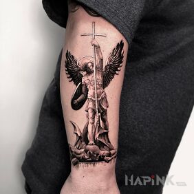 Tattoo Angel with a cross on the forearm motif: black and gray style: realistic