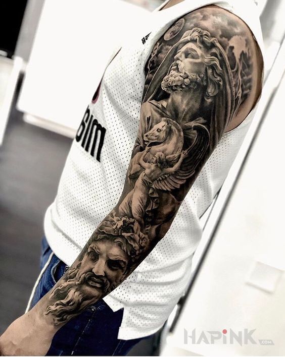 Tattoo Brodaci in faces motif and realistic style on the forearm