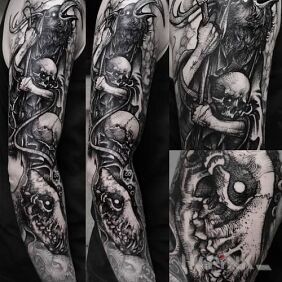 Tattoo Disturbing ink on the forearm motif: sleeves style: graphic / illustrative