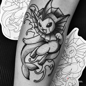 Tattoo Pokemon Vaporeon on the forearm motif: black and gray style: cartoon / comic book