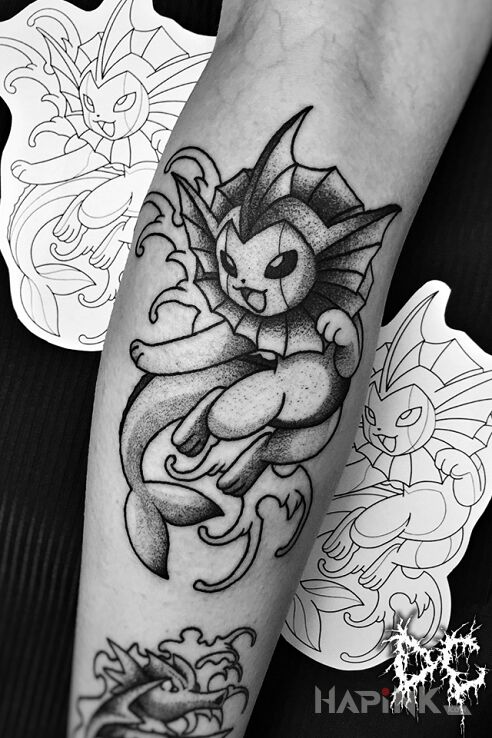Tattoo Pokemon Vaporeon in characters motif and dotwork style on the forearm