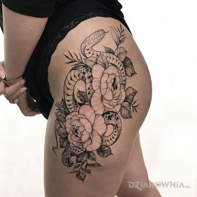 Tatuaż Kompozycja kwiatowa z wężem na nodze motyw: kwiaty styl: graficzne / ilustracyjne