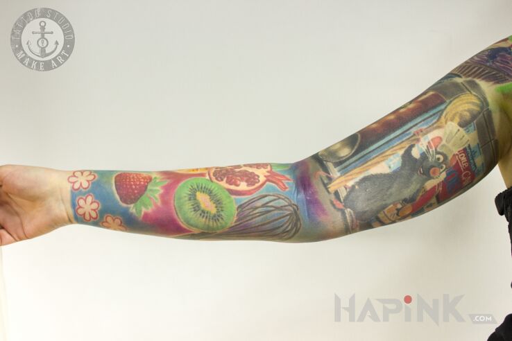 Tattoo Ratatuj - rękaw in animals motif and cartoon / comic book style on the forearm