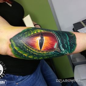 Tatuaż Smocze oko na przedramieniu motyw: fantasy styl: realistyczne