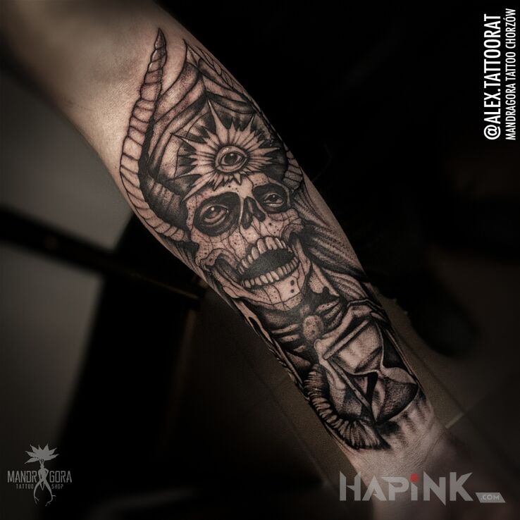 Tattoo Śmierć in demons motif and dotwork style on the forearm