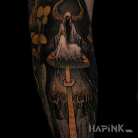 Tattoo Dark Order on the calf motif: colorful style: graphic / illustrative