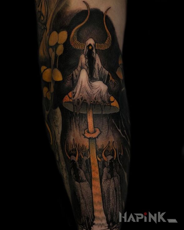 Tattoo Mroczny zakon in fantasy motif and graphic / illustrative style on the calf