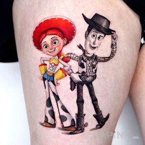Tattoo Andy with a friend on the leg motif: black and gray style: cartoon / comic book