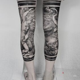 Tattoo Artistic legs on the calf motif: characters style: engravings / gravure