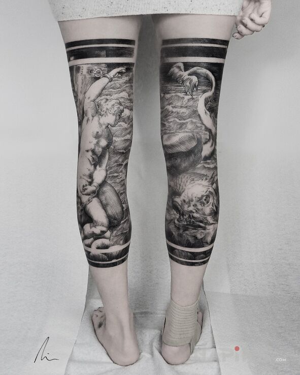 Tattoo Artystyczne nogi in characters motif and engravings / gravure style on the calf