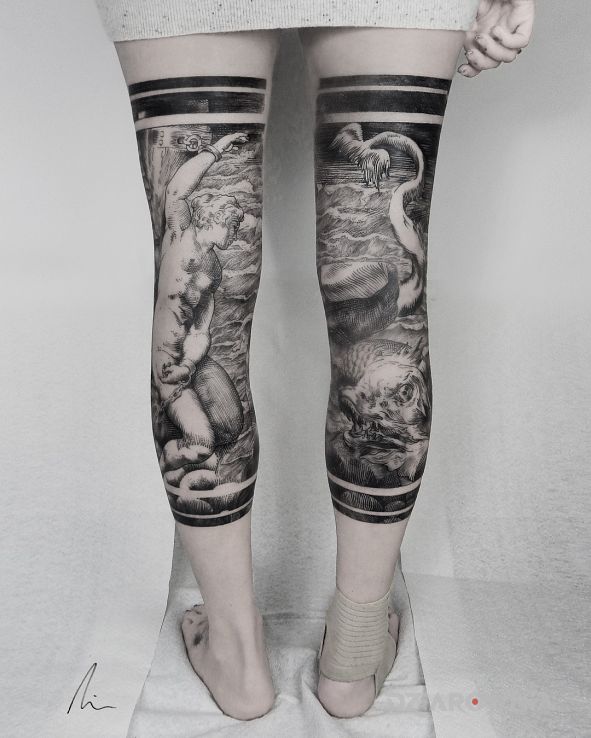 Tatuaż artystyczne nogi w motywie czarno-szare i stylu rycinowe / grawiurowe na nodze