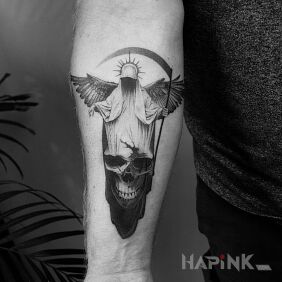 Tattoo Angel of death on the forearm motif: black and gray style: graphic / illustrative