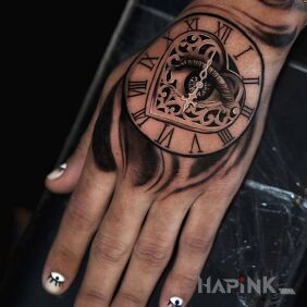 Tattoo Clock in the eye on the hand motif: 3D style: realistic