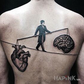 Tattoo The battle between heart and mind on the back motif: anatomical style: graphic / illustrative