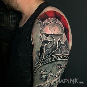 Tattoo Warrior with a shield on the upper arm motif: 3D style: realistic