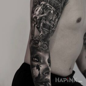 Tattoo A sleeve that beats others hands down on the upper arm motif: faces style: realistic
