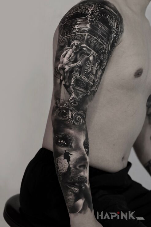 Tattoo Rękaw, który bije na głowę inne in 3D motif and realistic style on the upper arm