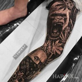 Tattoo Angry gorilla on the leg motif: 3D style: realistic