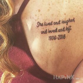 Tattoo About someone who is no longer here on the shoulder blades motif: lettering style: calligraphy