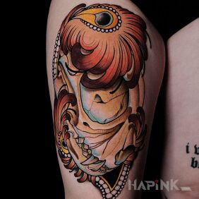 Tattoo Cat / Skull / Peacock Feather on the leg motif: skulls style: neo-traditional