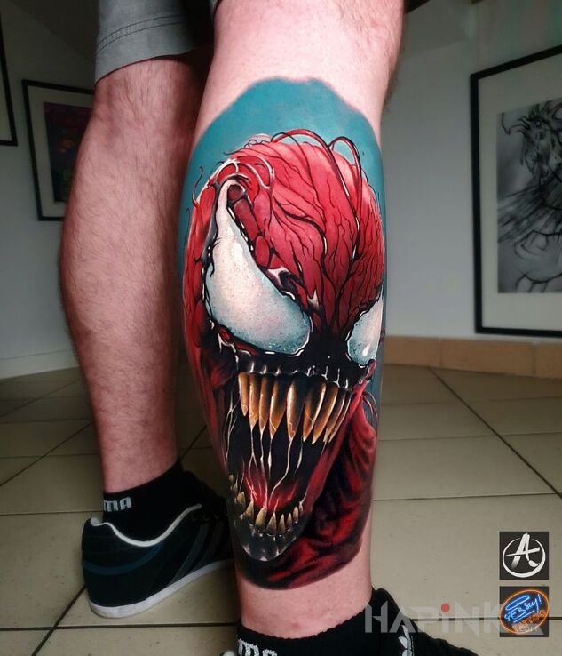 Tattoo Eat eat eat .... in faces motif and realistic style on the calf