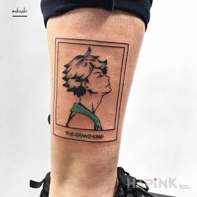 Tattoo Oikawa on the leg motif: black and gray style: cartoon / comic book