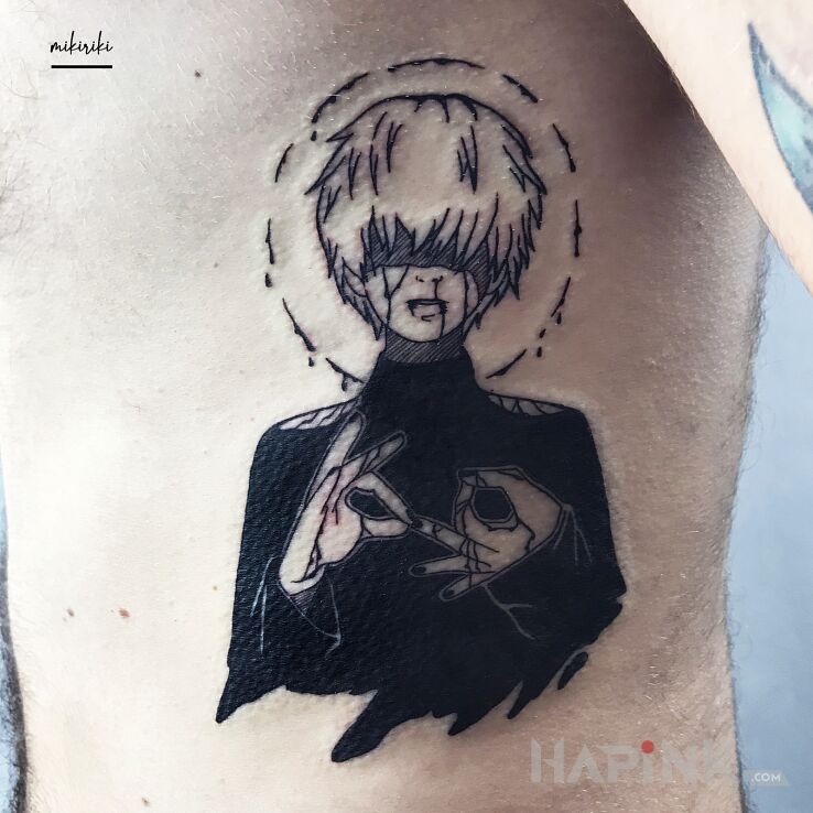 Tattoo Kaneki in manga / anime motif and graphic / illustrative style on the ribs