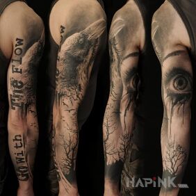 Tattoo Sleeve with a raven in the lead role on the forearm motif: sleeves