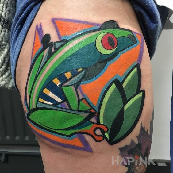 Tattoo Żaba in animals motif and modern / cubism style on the leg