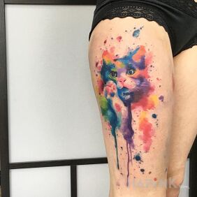 Tattoo Colorful cat on the leg motif: animals