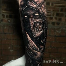 Tattoo Mortal Kombat on the calf motif: 3D style: realistic
