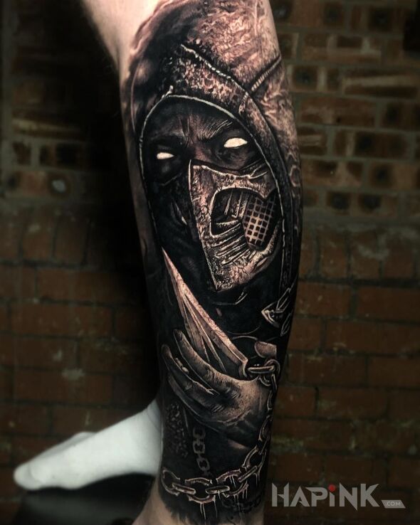Tattoo Mortal Combat in 3D motif and realistic style on the calf