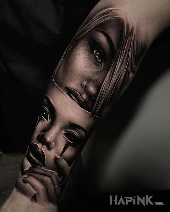 Tattoo Schowana za maską in black and gray motif and realistic style on the forearm