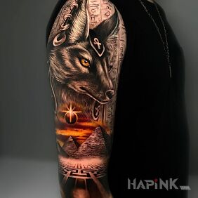 Tattoo Egyptian vibe on the upper arm motif: colorful style: realistic
