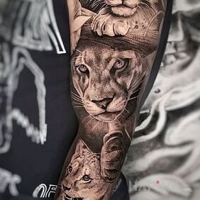 Tattoo Lion family on the forearm motif: animals style: realistic