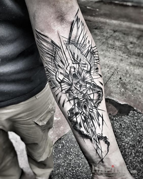 Tattoo Naszkicowany archaniol in black and gray motif and sketch style on the forearm