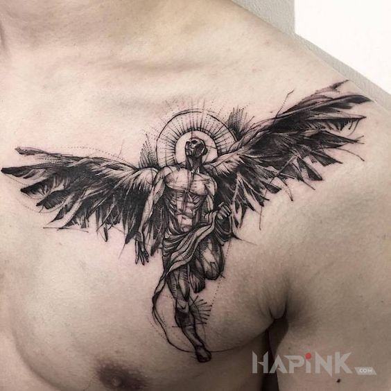 Tattoo Nastepny aniol in black and gray motif and sketch style on the chest