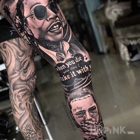 Tattoo Leg in a rapper style on the calf motif: faces style: realistic