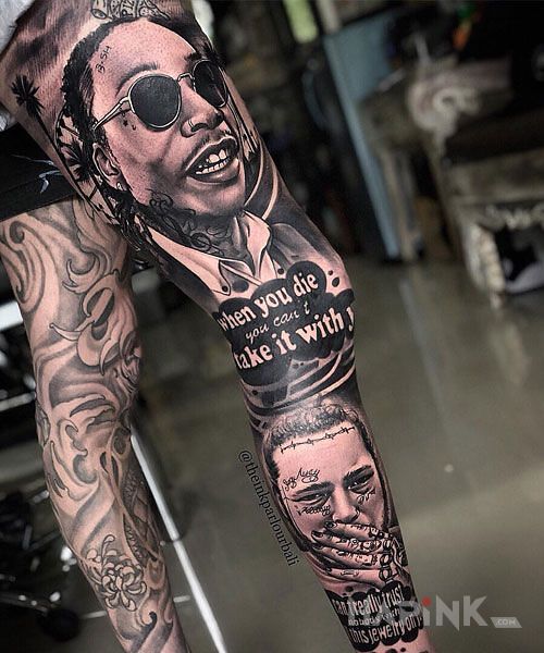 Tattoo Noga po rapersku in 3D motif and realistic style on the calf