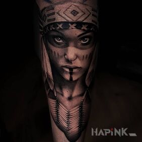 Tattoo Shamaness on the leg motif: black and gray style: realistic