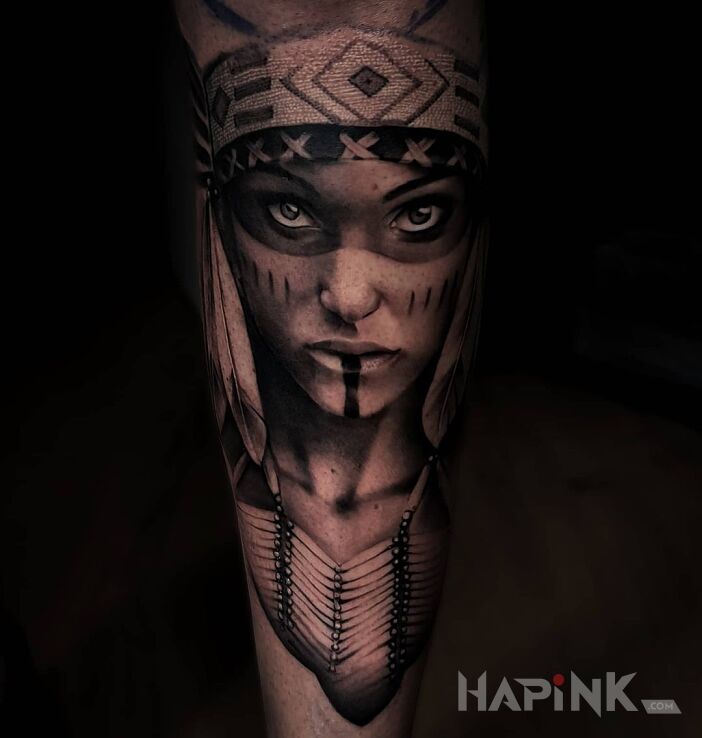 Tattoo Szamanka in Indian motif and realistic style on the leg