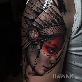 Tattoo Native American Woman on the upper arm motif: black and gray style: realistic