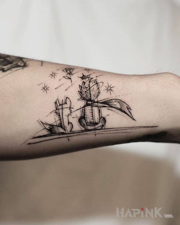 Tattoo Mały książę i lis in black and gray motif and sketch style on the forearm