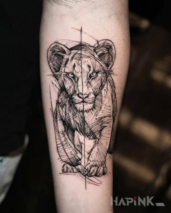 Tattoo Mały lew in animals motif and sketch style on the forearm