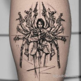 Tatuaż John Wick na łydce motyw: czarno-szare styl: szkic