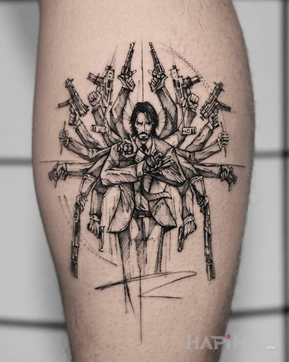 Tattoo John Wick in black and gray motif and sketch style on the calf