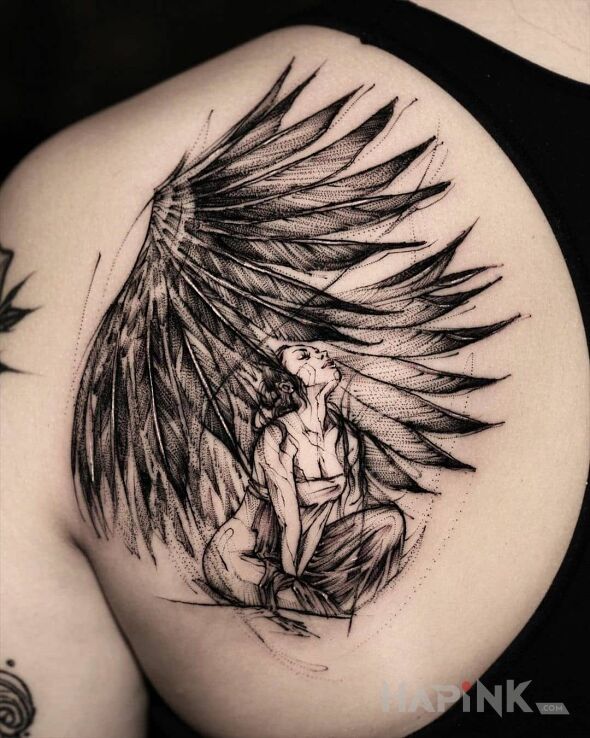 Tattoo Wielkie skrzydła anioła in wings motif and sketch style on the shoulder blades