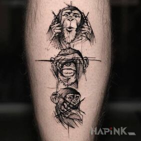 Tattoo Monkeys on the calf motif: black and gray style: sketch