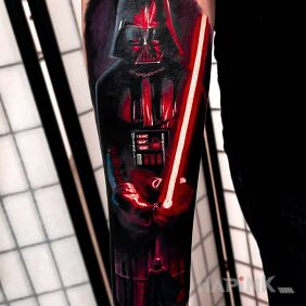 Tattoo Darth Vader on the forearm motif: characters style: realistic