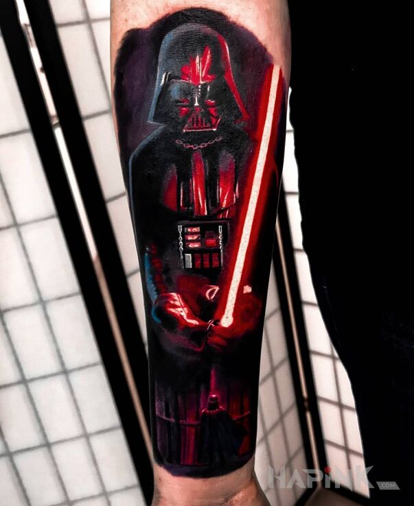 Tattoo Darth Vader in characters motif and realistic style on the forearm